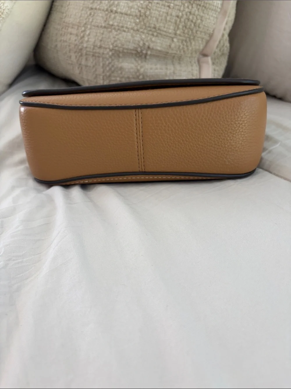Tory Burch Thea Caramel Tan Pebbled Leather Crossbody with Gold Hardware